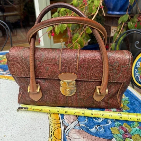 ETRO Milano‎ Vintage Paisley Print Leather Handbag Top Handle Satchel Bag